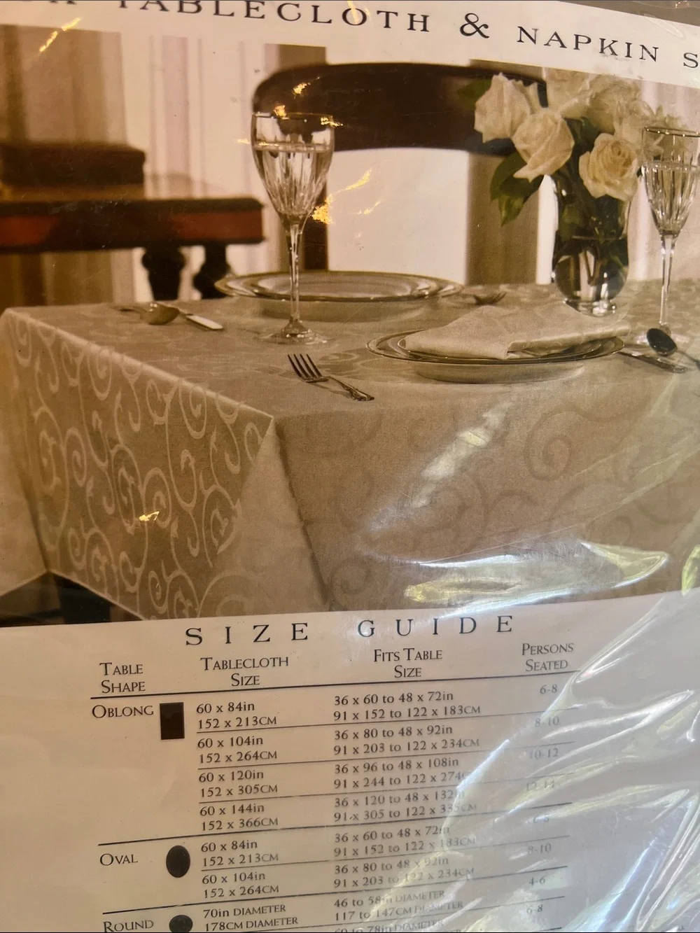 Vintage 60x104 oblong Iron Work Scroll Damask White Tablecloth & 6 Napkin Set.